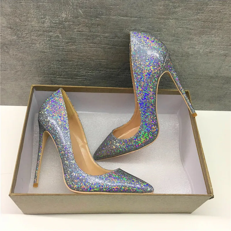 

Brand fashion new pointed silver high-heeled exquisite sequins elegant single shoes 12cm high heel ladies party shoes