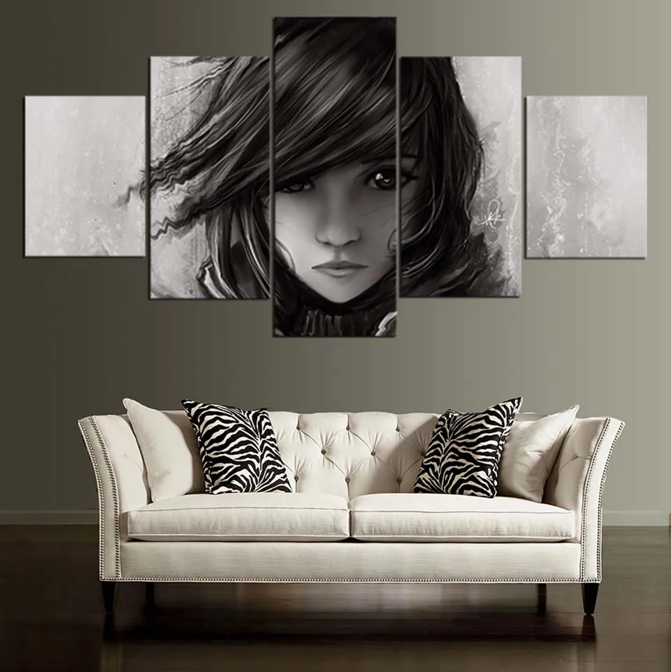 Canvas-Posters-Home-Decor-Wall-Art-Framework-5-Pieces-Black-and-White-Girl-Paintings-For-Living (2)