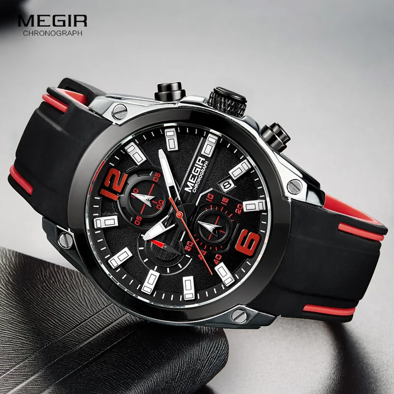 MEGIR Chronograph Quartz Men Watch Clock Relogio Masculino Luxury Brand Silicone Army Military Sport Watches Mens Saat 2053