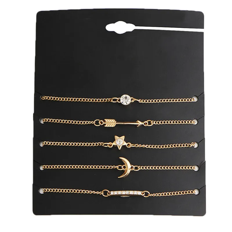 

AY 5 pcs/set Vintage Gold Color Crystal Moon Bracelet Set Punk Key Letter V Charm Bracelets Love Moon Bijoux Jewelry Gifts