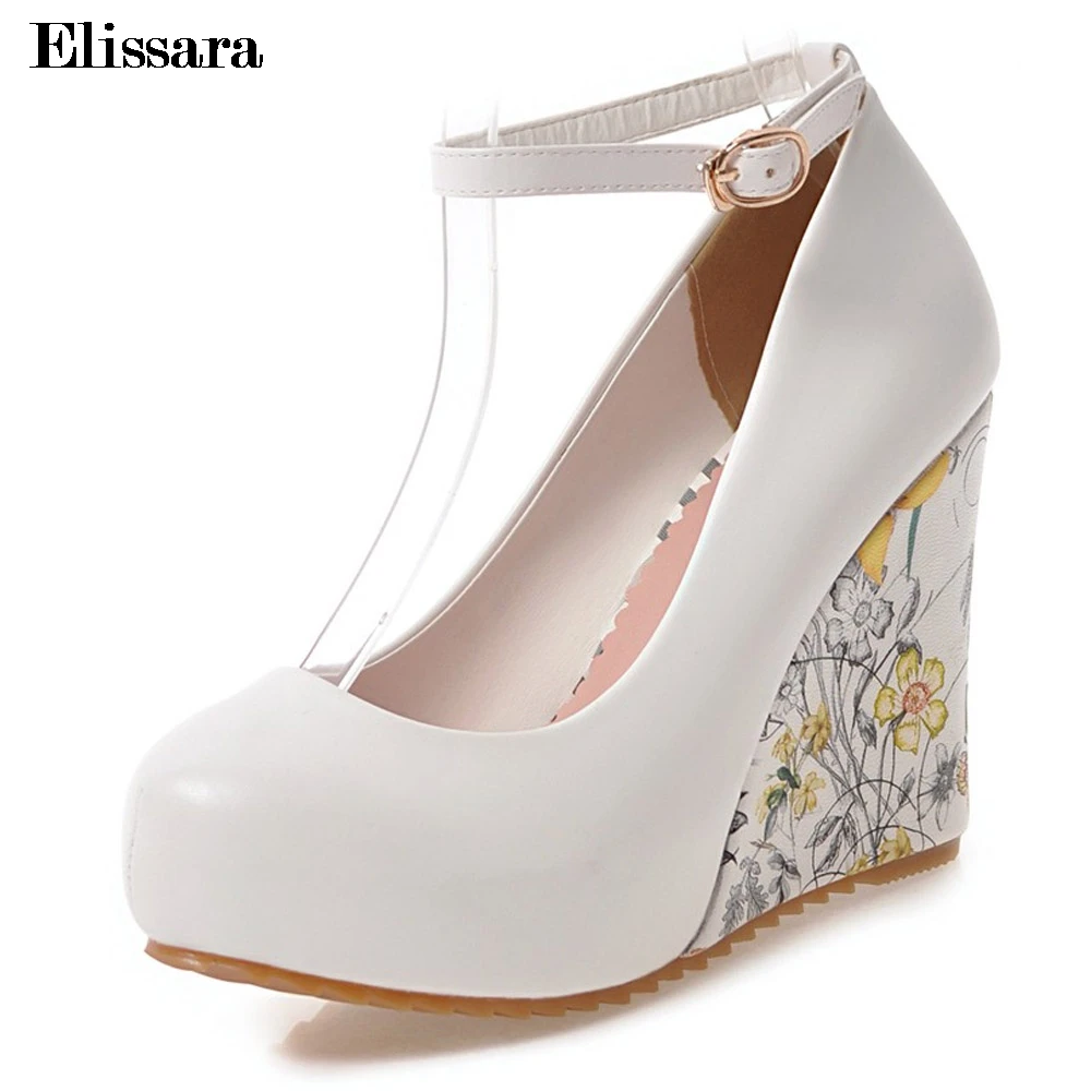 

Elissara Fashion Women's Shoes Women High Heels Pumps Women Ankle Strap Flower Print Wedge Heels Platform Shoes Size 33-43