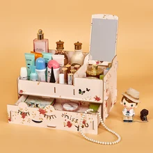 Деревянный чехол-органайзер для макияжа с зеркалом для рабочего стола, много слотов, держатель для хранения ювелирных изделий, косметические товары