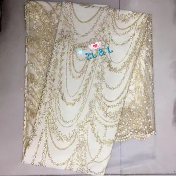 

Shiny new adhesive sand gold semi-elliptical French tulle African Nigeria lace fabric wedding dress fabric skirt 5 yards