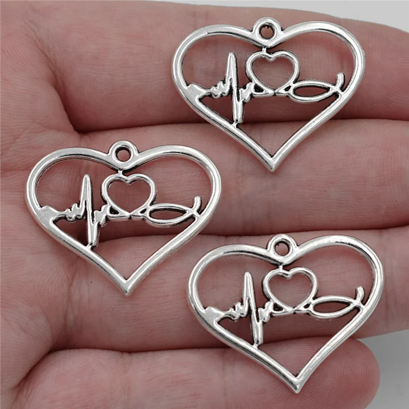

3pcs 31*25mm Antique Silver Medical ECG Charms Electrocardiogram Hollow Heart Pendants Doctor Nurse Gift DIY Jewelry Accessories