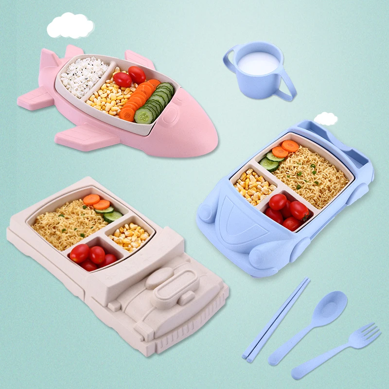 

2pcs/set Baby Feeding Plate Children Plastic Tableware Plane Tray Infant Removable Dishes Bamboo Fiber Toddler Training Bowls