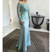 Fashion light blue abendkleider 2016 langen ärmeln boot-ausschnitt appliques spitze perlen mutter der braut drees foraml party