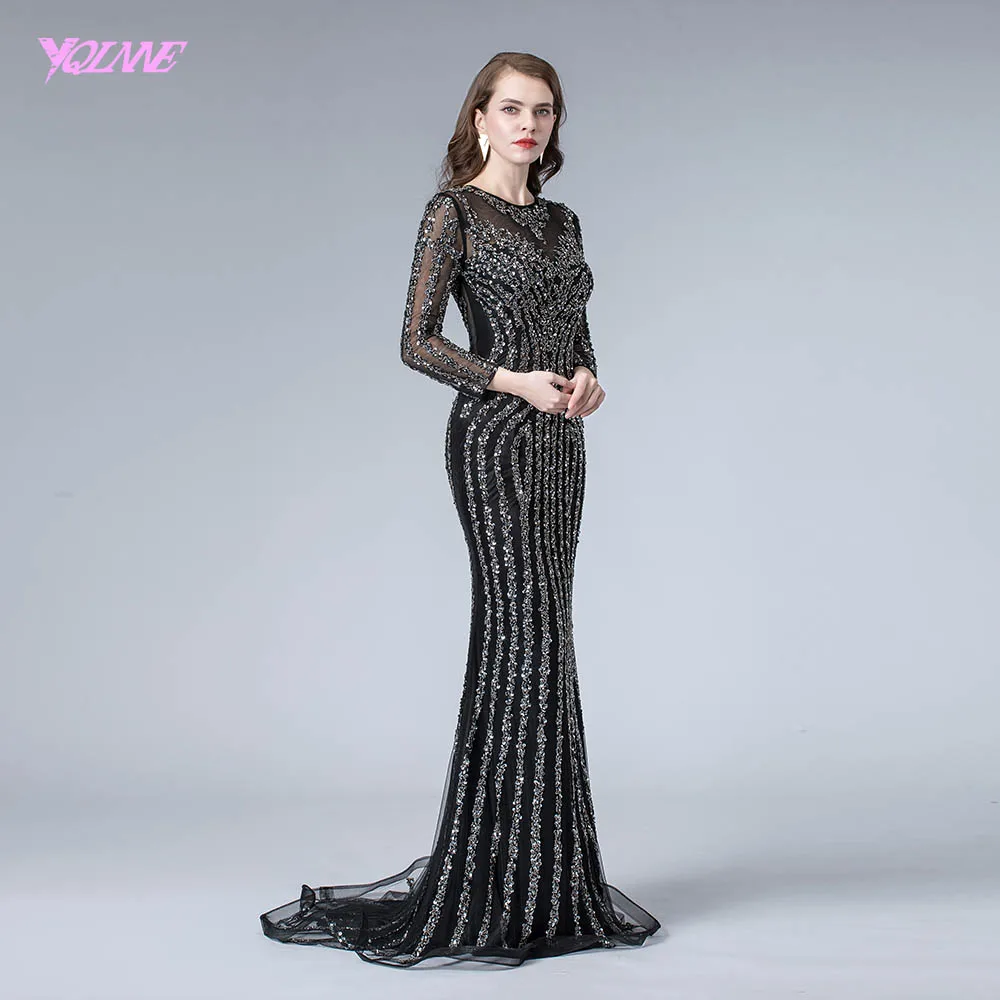 Black Full Sleeve Evening Dress Long Crystals Beaded Mermaid Dresses Formal Evening Gowns YQLNNE