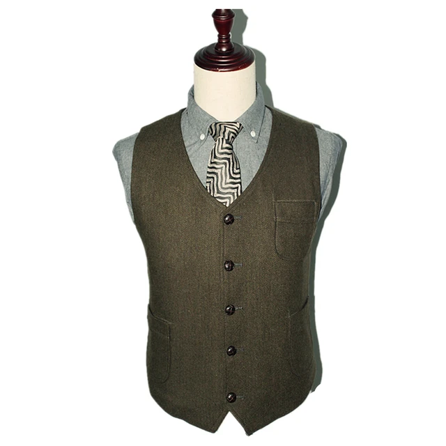 SHOWERSMILE Army Green Suit Vest Wool Male Waistcoat Tweed Vest Slim