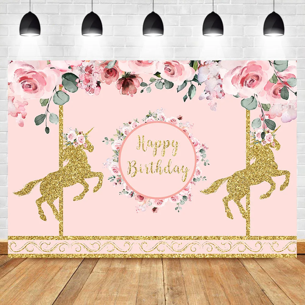 

NeoBack Pink Flower Gold Unincorn Backdrop Unicorn Baby Shower Photography Background Pink Birthday Party Banner Backdrops