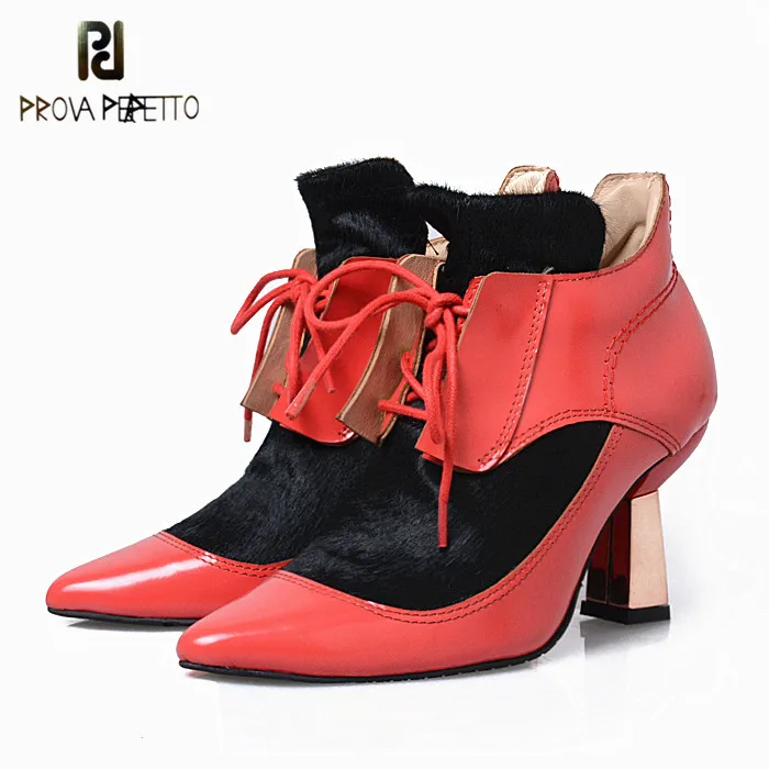 

Prova Perfetto 2018 New Ankle Boots Mix Colors Pointed Toe with Horsehair Boots Patent Leather Lace-up Strange Heel Woman Boots