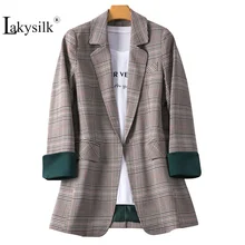 Винтажный офисный женский клетчатый блейзер с длинным рукавом, повседневный свободный осенний костюм, пальто, куртка, женские блейзеры, новинка, высокое качество