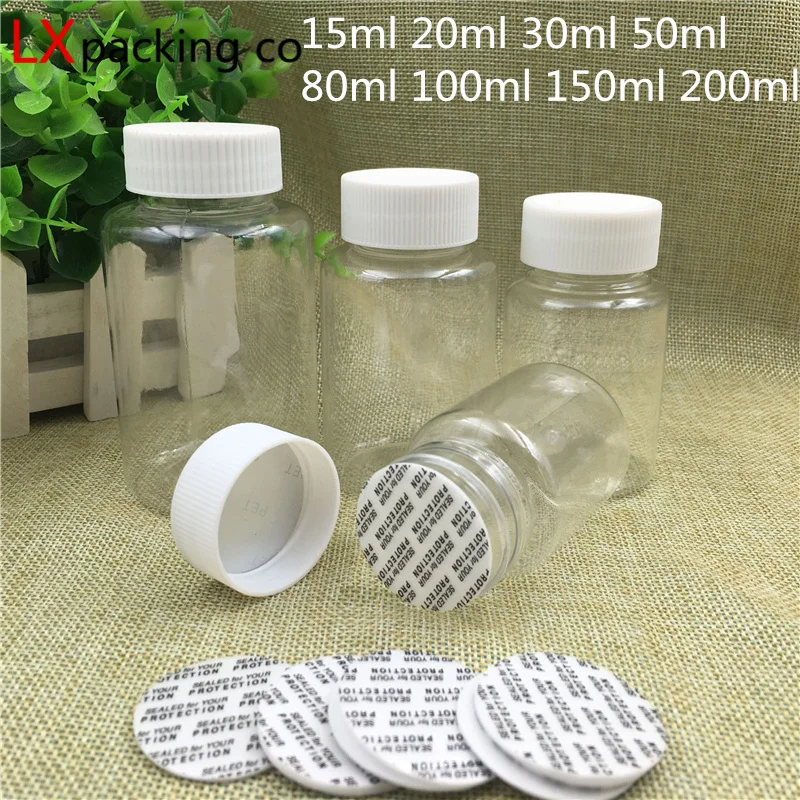 

30 pcs Free Shipping 15 30 50 100 200 ml Empty Transparent Plastic Packing Bottles Tank Candy Seal Sample Packaging Containers