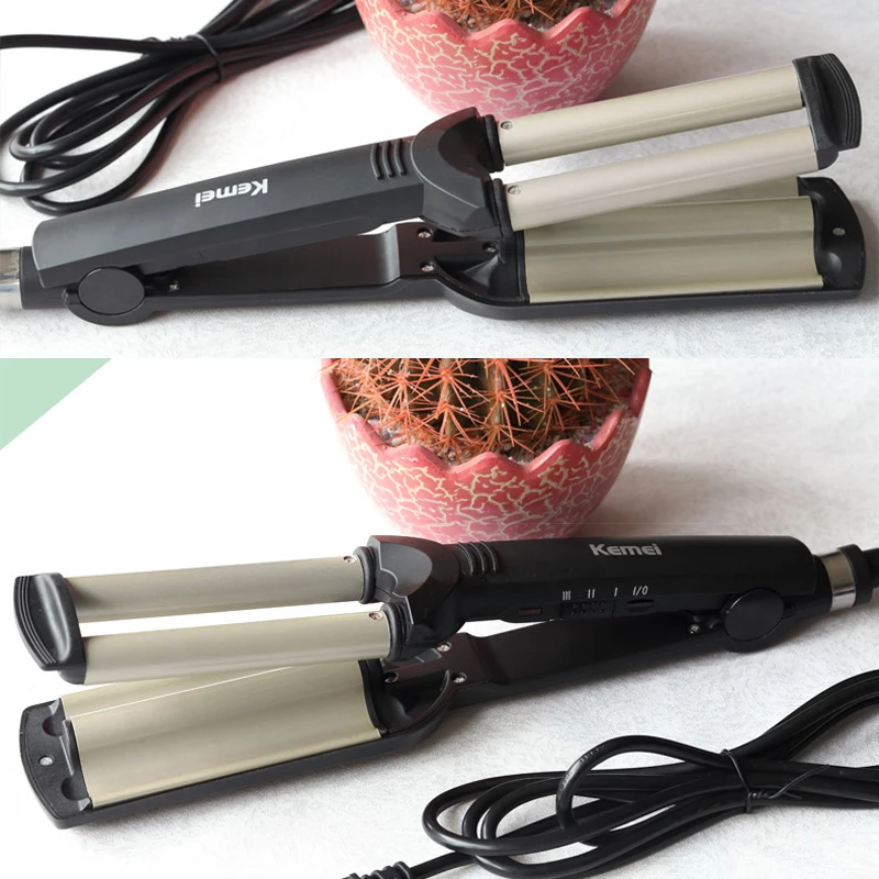 Kemei Hair Styler Professional Big Wave Curling Iron Wand Ceramic 3 Barrels Egg Rolls Hair Curlers Wave Iron Volume Styling Tool