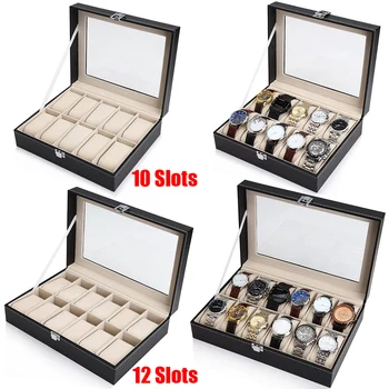 

10 / 12 Grids PU Leather Watch Box Case Collector Holder Organizer For Clock Watches Jewelry Display Storage Boxes Glass Top D30