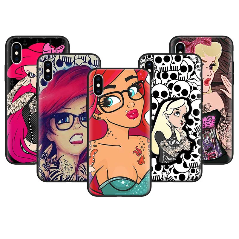 

Alice Mermaid princess tattooed Soft TPU Black Silicone Cases for Apple iPhone 6 6S 7 8 Plus X XR XS MAX 5S SE Coque Cover shell