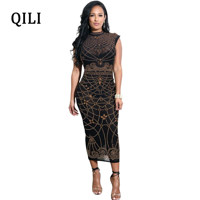 

QILI Women Black Dress Mesh Sleeveless Dot Printed Mid-Calf Summer Bodycon Pencil Dresses Women Party Sexy Casual Long Dress