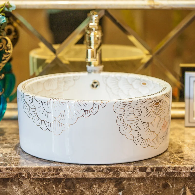 White peony pattern Chinese Cloakroom Counter Top porcelain wash basin bathroom sinks ceramic art countertop washbasin (7)