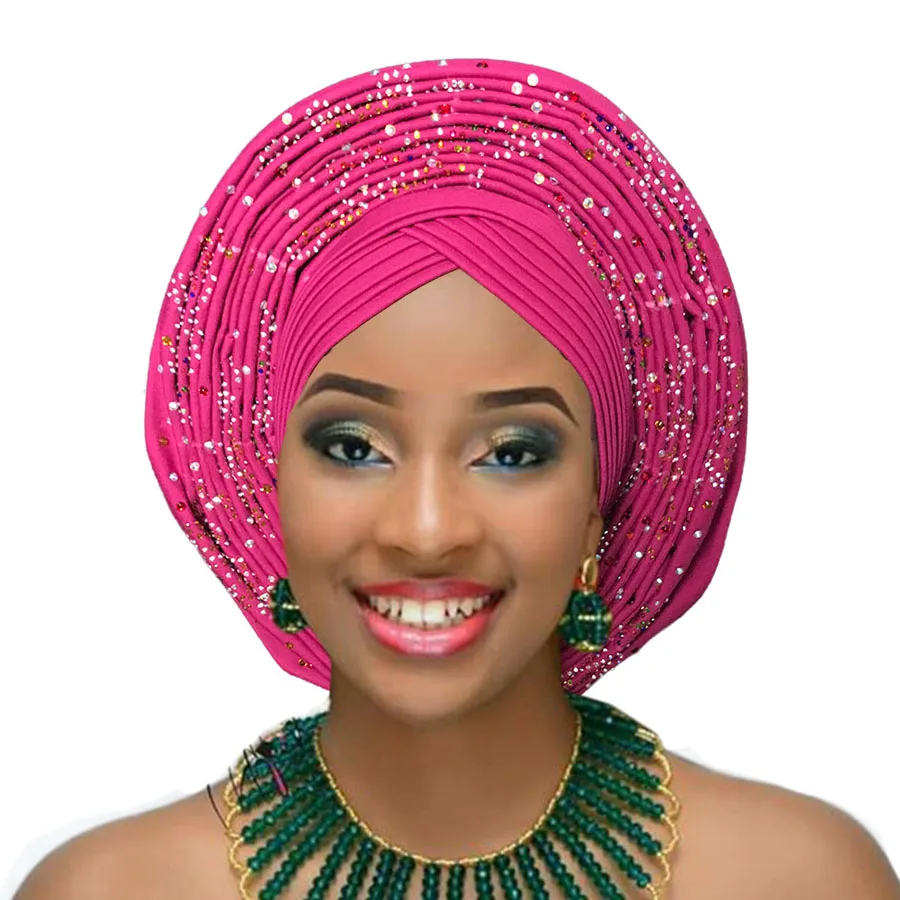 Африканский головной убор нигерийский головной убор с бисером камни Авто геле Африканский гель для женщин Свадебная вечеринка - Цвет: rose red