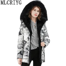 MLCRIYG Роскошная Шуба из натурального кролика, женский пуховик на утином пуху, зимняя теплая длинная парка с капюшоном и принтом размера плюс 3XL LX295