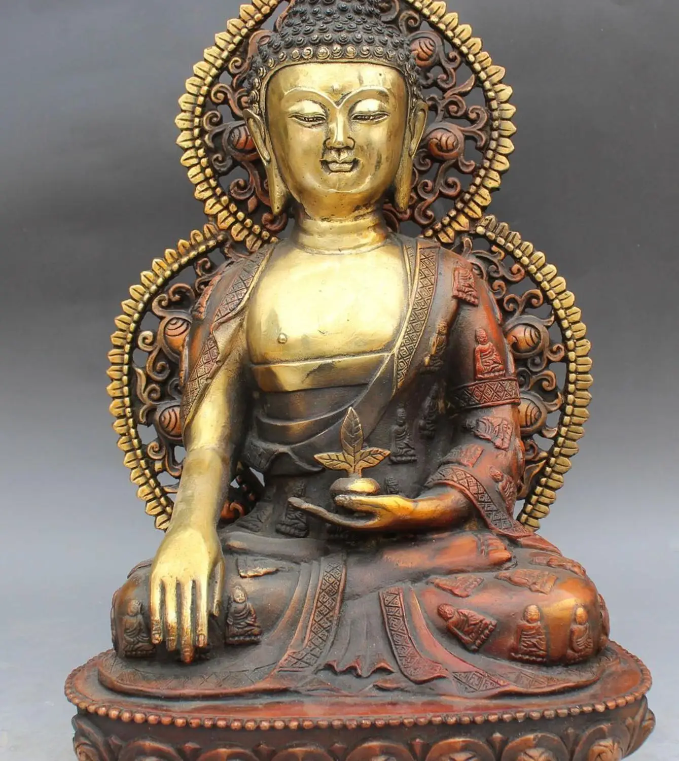 

16"Chinese Tibet Bronze Gilt Menla Medicine medical Buddha Bowl Backlit Statue