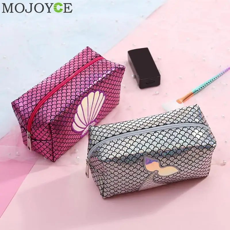 

Women Laser Cosmetic Bag Fish Holographic Make Up Box Scale Student Pencil Case Toiletry Wash Box PU Clutch