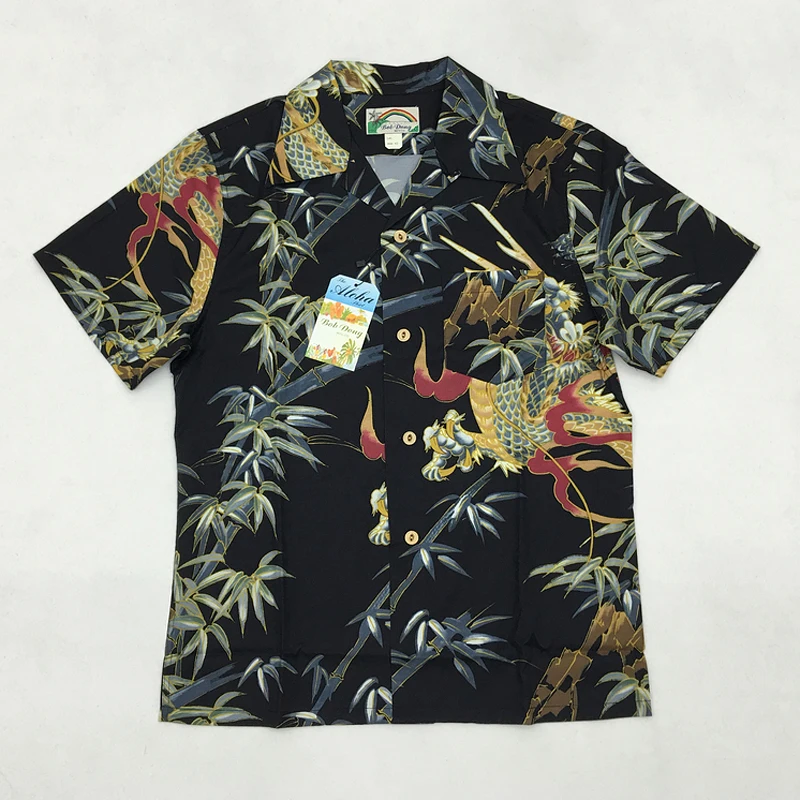 

BOB DONG Dragon Bamboo Pattern 'Aloha' Hawaiian Shirts For Men Camp Collar Black