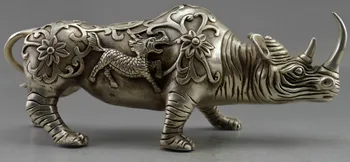 

Chinese Old Handwork Tibet Silver Carve Big Rhinoceros Statue decoration Tibetan Silver word Wholesale bronze