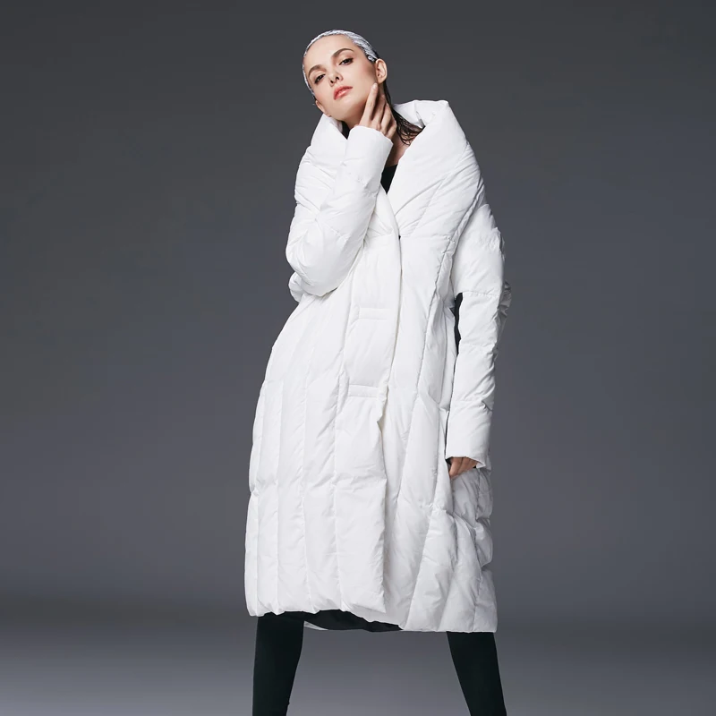 

High Quality 2018 Winter Women's Loose Style Long Cloak Down Coat Solid Black White Down Jacket