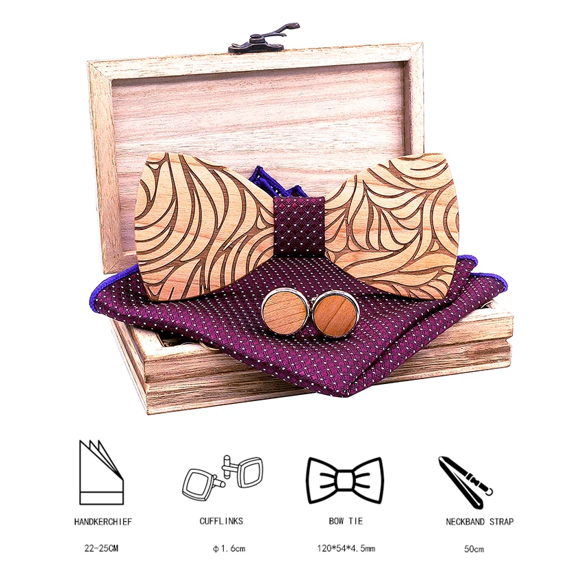  New Men Wooden bow tie set Handkerchief Cufflinks wood bowtie wedding tie corbata Wooden Ties Grava