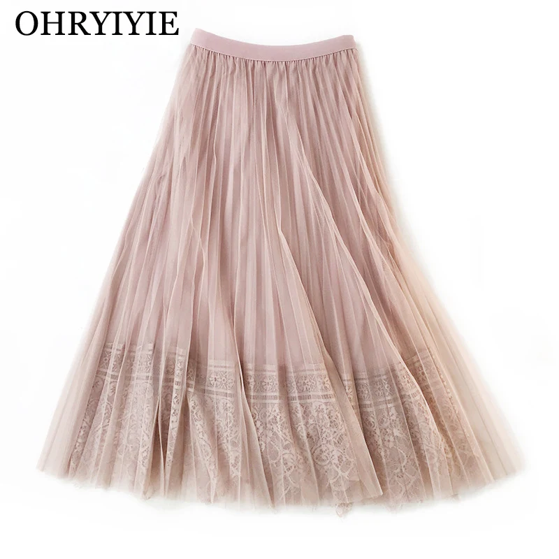 OHRYIYIE Весенняя летняя кружевная юбка с тюлем Женская новая длинная Тюлевая сетчатая юбка женская плиссированная юбка с высокой талией Jupe Longue Femme
