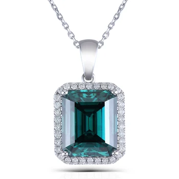 

Transgems Luxury 14K White Gold 5ct 10X12mm Emerald and Small Moissanite Halo Pendant Necklace for Women Wedding Gift