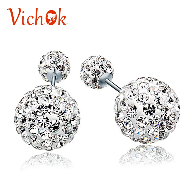 

VICHOK Double Side Ball Crystal Clip On Stud Earrings For Women Sterling Silver Party Charm Earrings Fashion Jewelry White