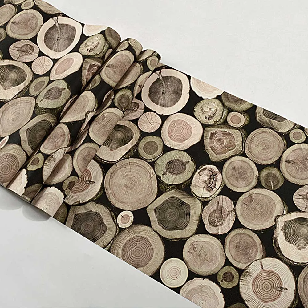 

53CM×10M Wallpapers 3D Modern Personality Round Wood Stake Wood Grain Wood Nostalgic Retro Bar Restaurant Wallpaper