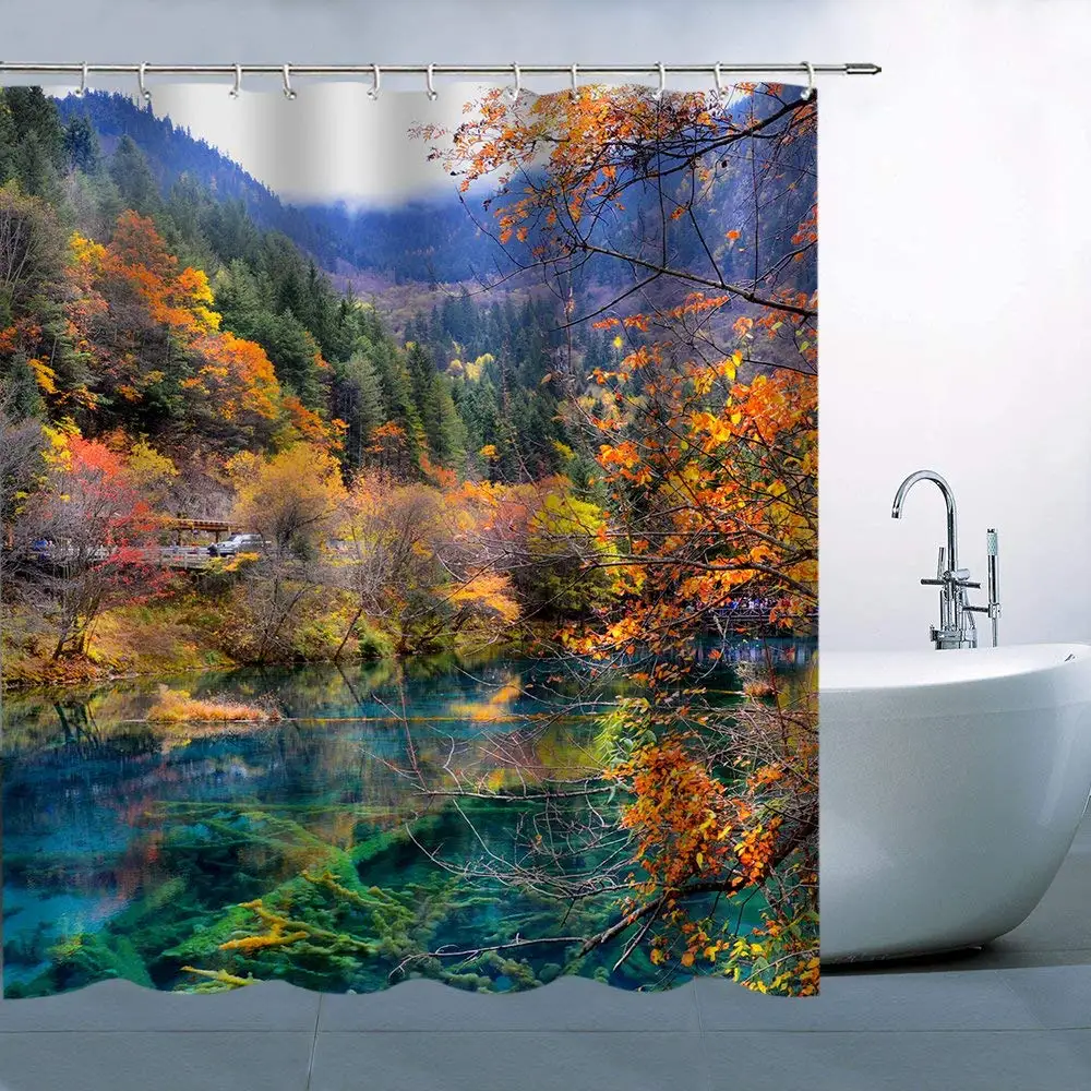 Natuurlijke Landschap Thema Douchegordijn Jiuzhai Valley Mountain Groen