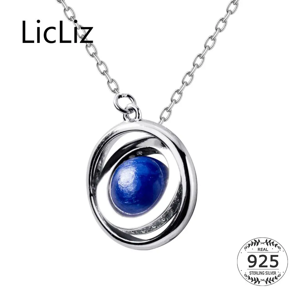 

LicLiz 925 Sterling Silver Dark Blue Lapis Pendant Necklace for Women Small Round Ball Planet Jewelry Multi Layer Loops LN0413