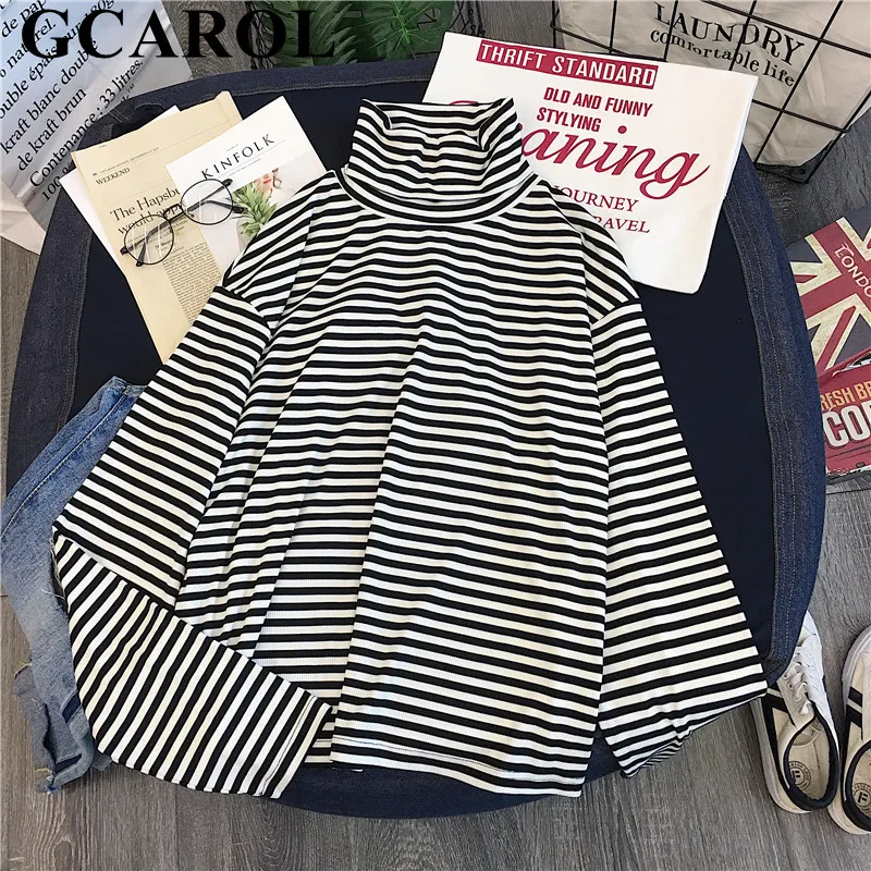 

GCAROL 2019 Fall Pinstripe Striped Turtleneck Shirt Winter Thick Fleece Oversize Jumper Render Basic Tops Unlined Upper Garment
