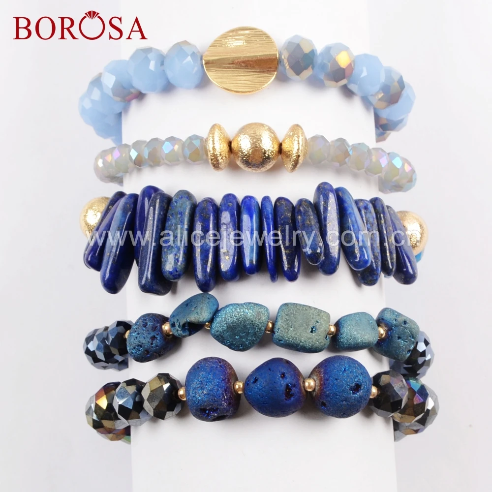 BOROSA 5 комплектов браслетов, друзы Хрустальные стеклянные бусины браслеты 5 шт. 1 комплект, синие друзы ювелирные изделия Амулеты Браслет WX1060