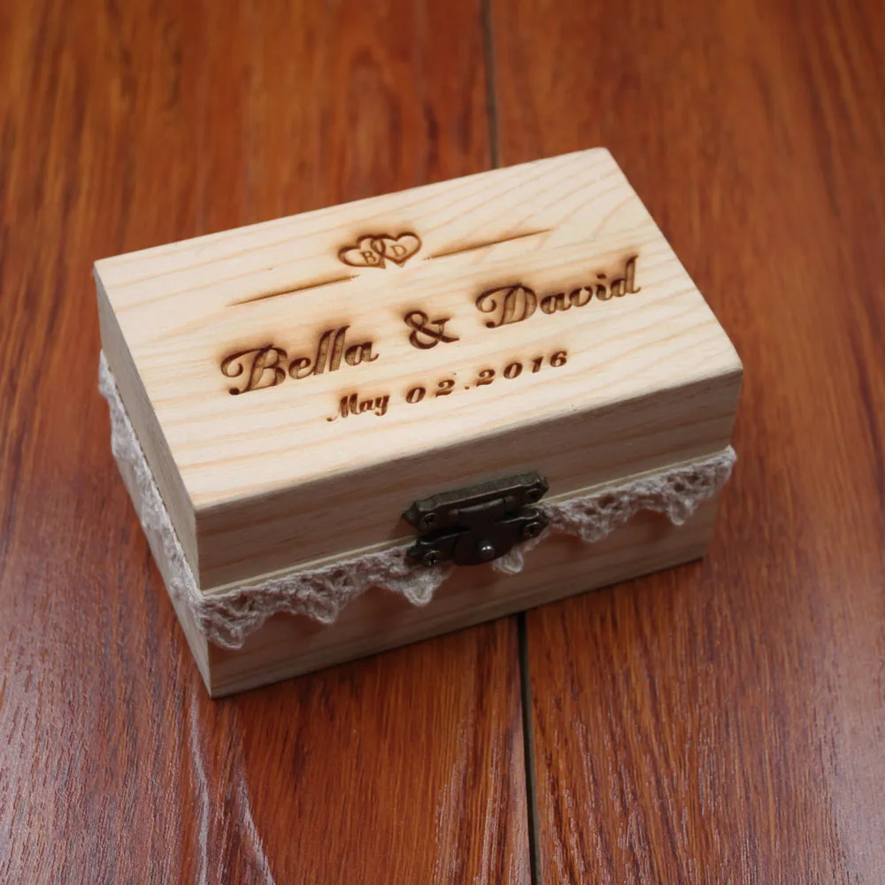 

Personalized Gift Rustic Wedding Ring Bearer Box Custom Your Names and Date Engrave Lace Wood Wedding Ring Box