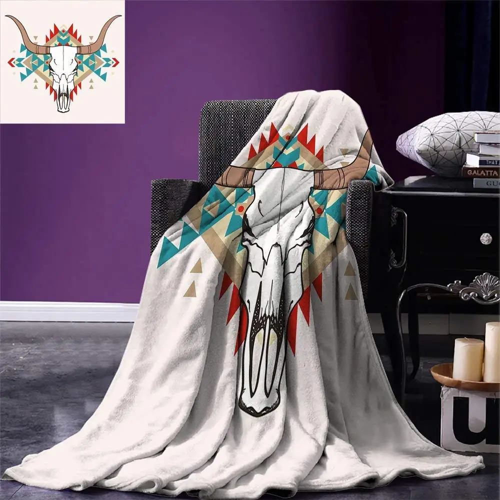

Western Throw Blanket Bull Skull Illustration with Ethnic Ornament Tribal Geometric Aztec Style Warm Microfiber Blanket