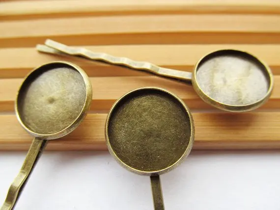 100pcs 18mmx60mm Vintage Antique Bronze Blank Bobby Hair Pin Clip,Round Base Setting,Pendant Charm,fit 16mm Cabochon/Cameo