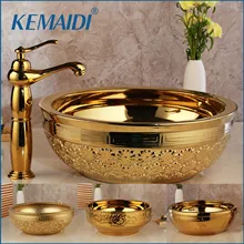 Kemaidi torneira de bacia de bronze, conjunto de torneiras de luxo dourado cerâmica banheiro lavatório pia do banheiro misturador livre dreno