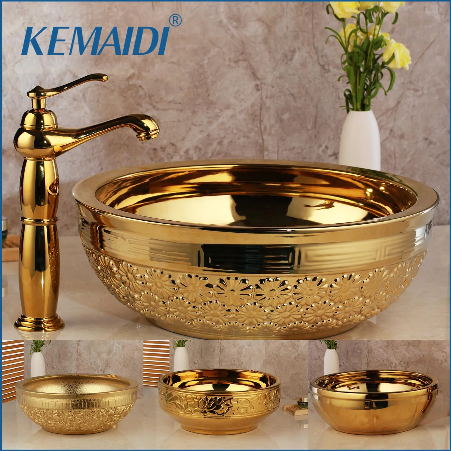 Us 44 47 42 Off Kemaidi Solid Brass Basin Faucets Sets Golden Luxury Ceramic Lavatory Bathroom Tap Washbasin Sink Bath Combine Mixer Free Drain In