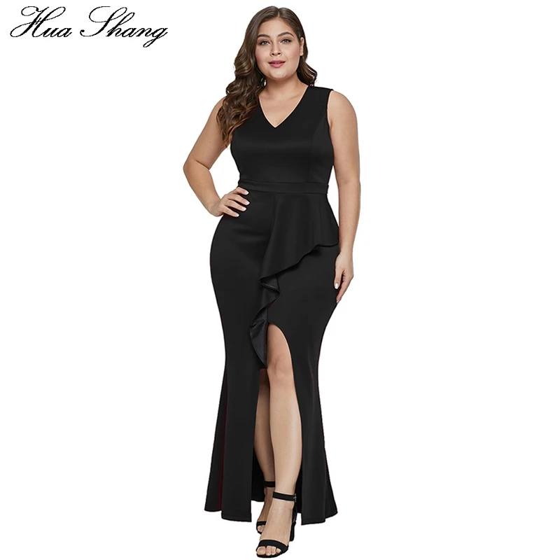 

Party Dresses Plus Size 2019 Women Summer V Neck Sleeveless High Split Sexy Club Dresses Elegant Ruffles Bodycon Maxi Long Dress