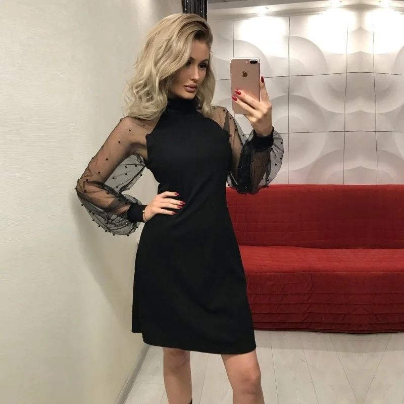

Womens Dress 2018 Autumn Dresses Pearl Beading Mesh Sleeve Tunic Dress Black Pink Blue Long Sleeve A-Line Mini Party Dress