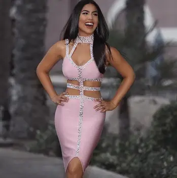 

High Quality Pink Grey Sleeveless Mantual Beading Rayon Bandage Dress Party Bodycon Dress