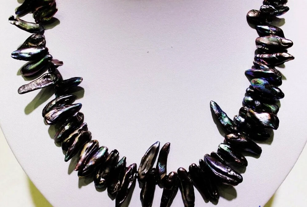 

Miss charm Jew1763 Black keshi rebom freshwater pearl necklace 7x13mm-8x24mm 18INCH"handmade"Alloy