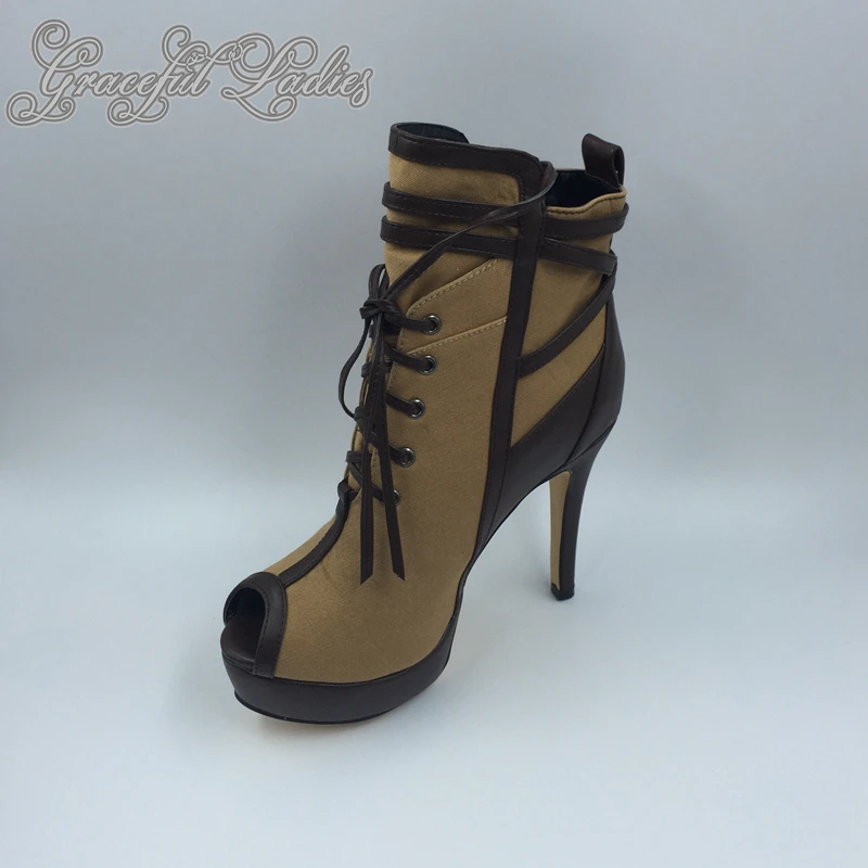

Khaki Short Women Boots Spring Style Peep Toe Ankle High Ladies Boots Real Photo High Quality Female Shoes Canvas Side Zipper