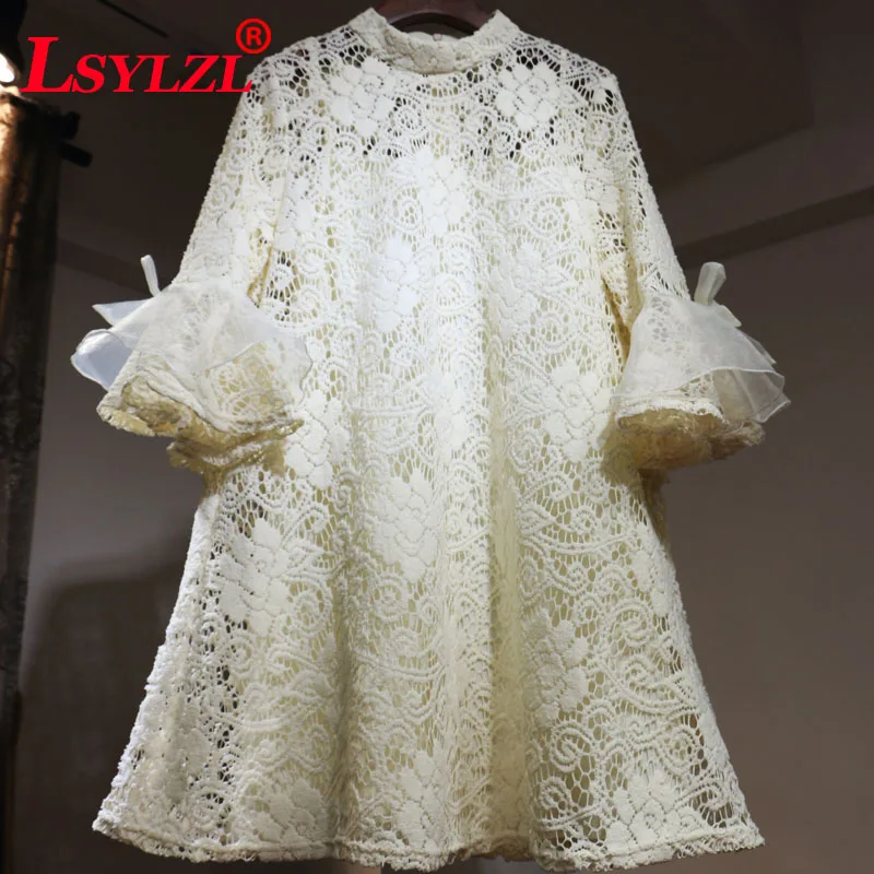 

Spring Summer Women Lace Hollow Loose Dress Casual Sweet O Neck Pullovers Three Quarter Sleeve Two pieces Ladies Dresses C147