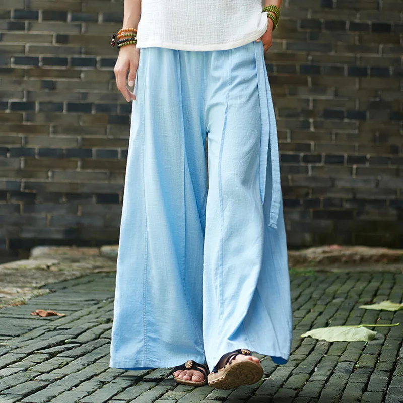 

Johnature Women Cotton Linen Wide Leg Pants 2019 Autumn New Elastic Waist Loose Solid Color Trouser Patchwork Casual Women Pants