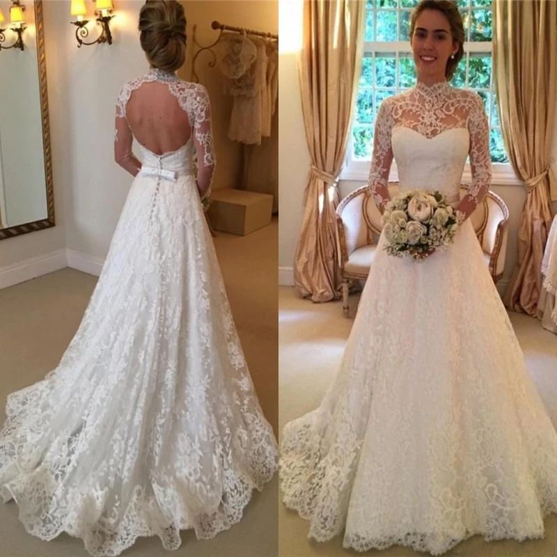 vintage vestidos de novia de encaje de cuello alto ilusión manga